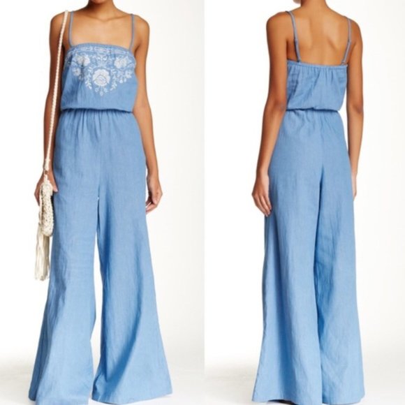 Flying Tomato Pants - FLYING TOMATO Embroidered Chambray Jumpsuit Sz L